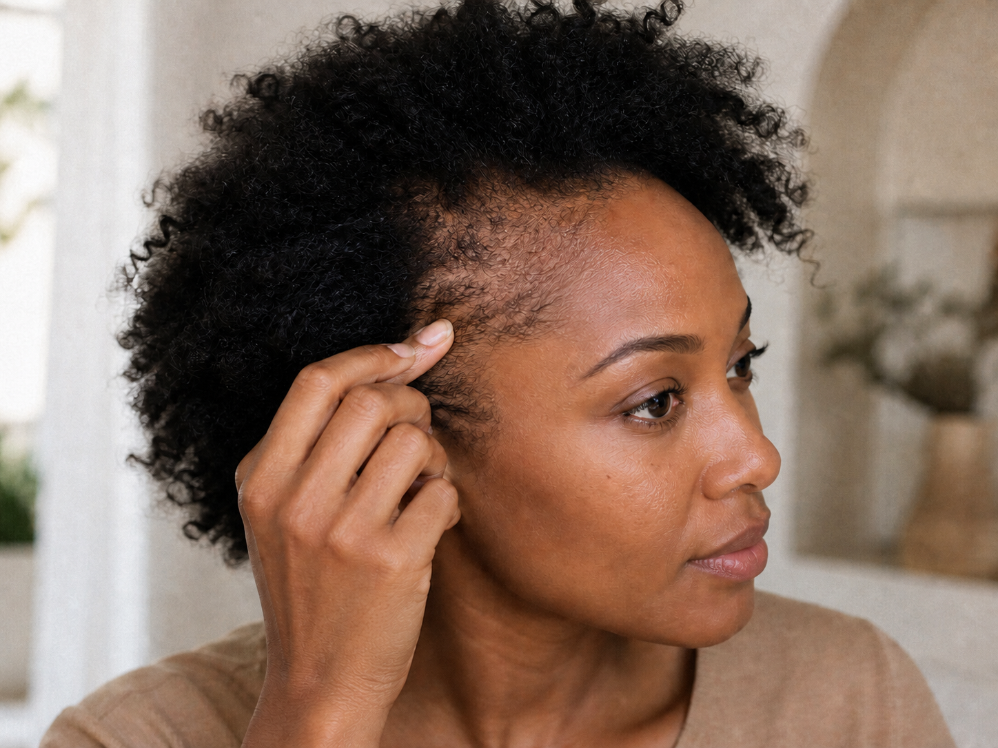 Femme observant une zone clairsemée liée à une alopécie de traction