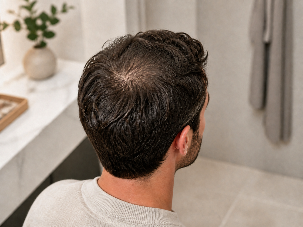 Sommet du crâne masculin montrant un début de calvitie au vertex