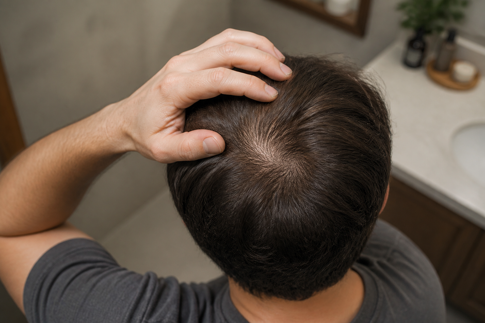 Sommet du crâne avec cheveux affinés et cuir chevelu légèrement visible