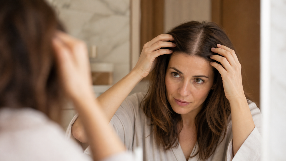 Femme observant une raie de cheveux clairsemée devant un miroir
