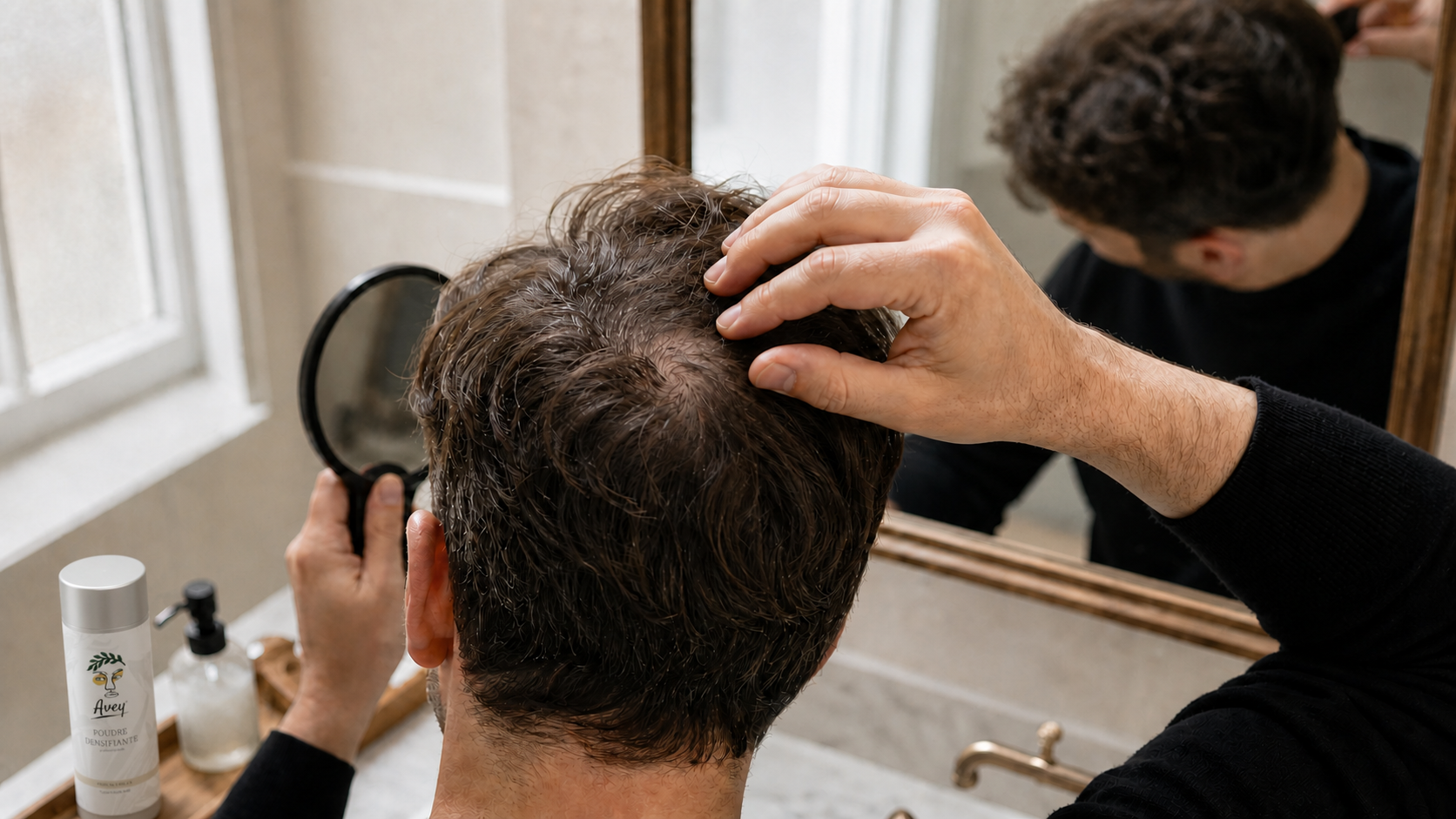 Homme examinant son vertex clairsemé avec un flacon de poudre densifiante Avey