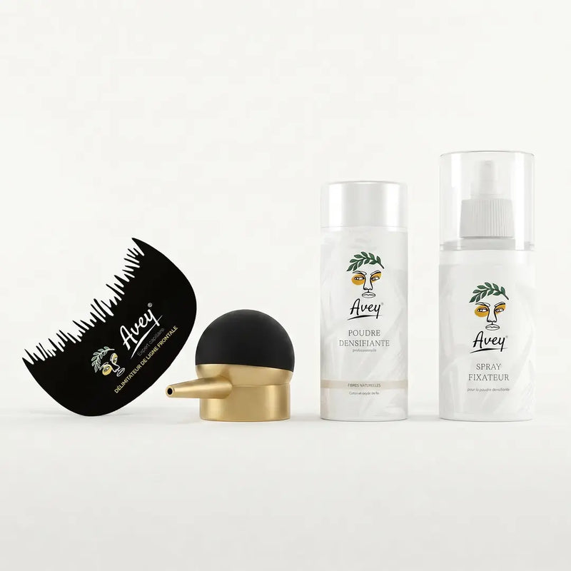 Coffret poudre densifiante cheveux Avey avec spray fixateur, applicateur et délimitateur de ligne frontale.