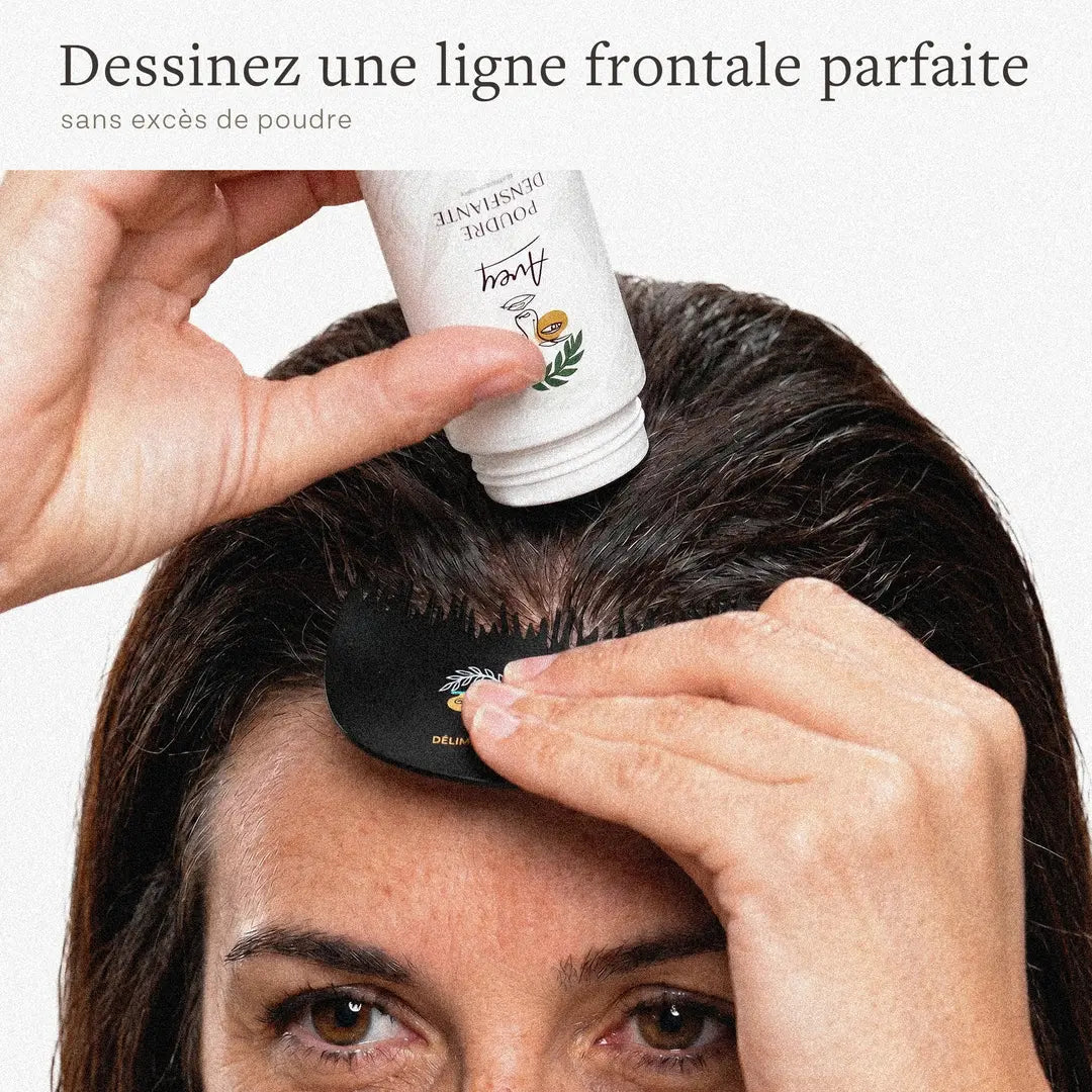 Application de poudre densifiante avec un délimitateur de ligne frontale pour une finition précise sans excès de poudre.