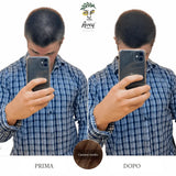 Prima e dopo con fibre castano medio: capelli davanti allo specchio di un uomo