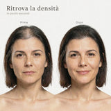 Prima e dopo l’applicazione delle fibre per capelli sulla riga diradata di una donna
