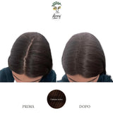 Prima e dopo con fibre castane sui capelli di una donna