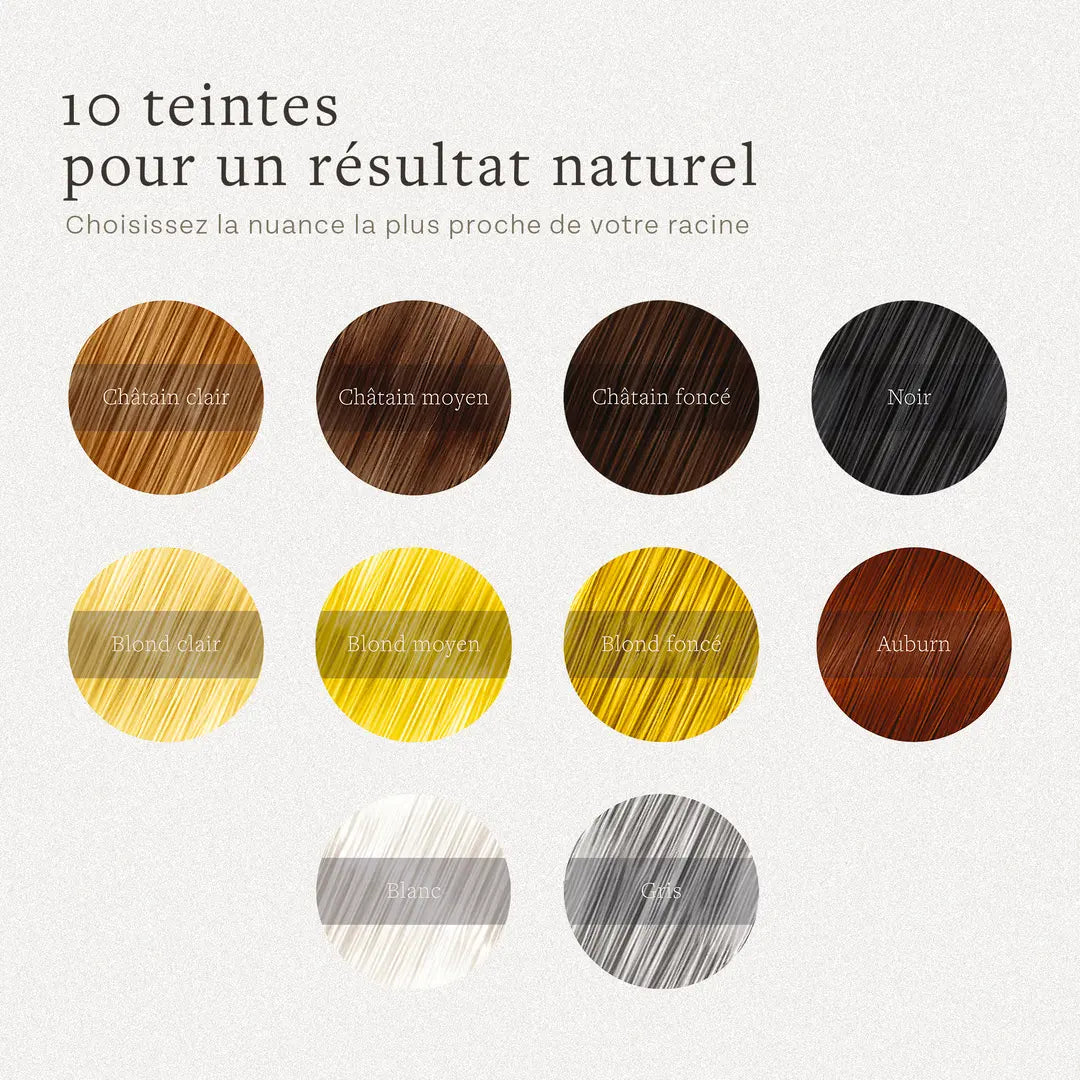 Nuancier poudre densifiante cheveux 10 teintes blond châtain brun noir gris blanc