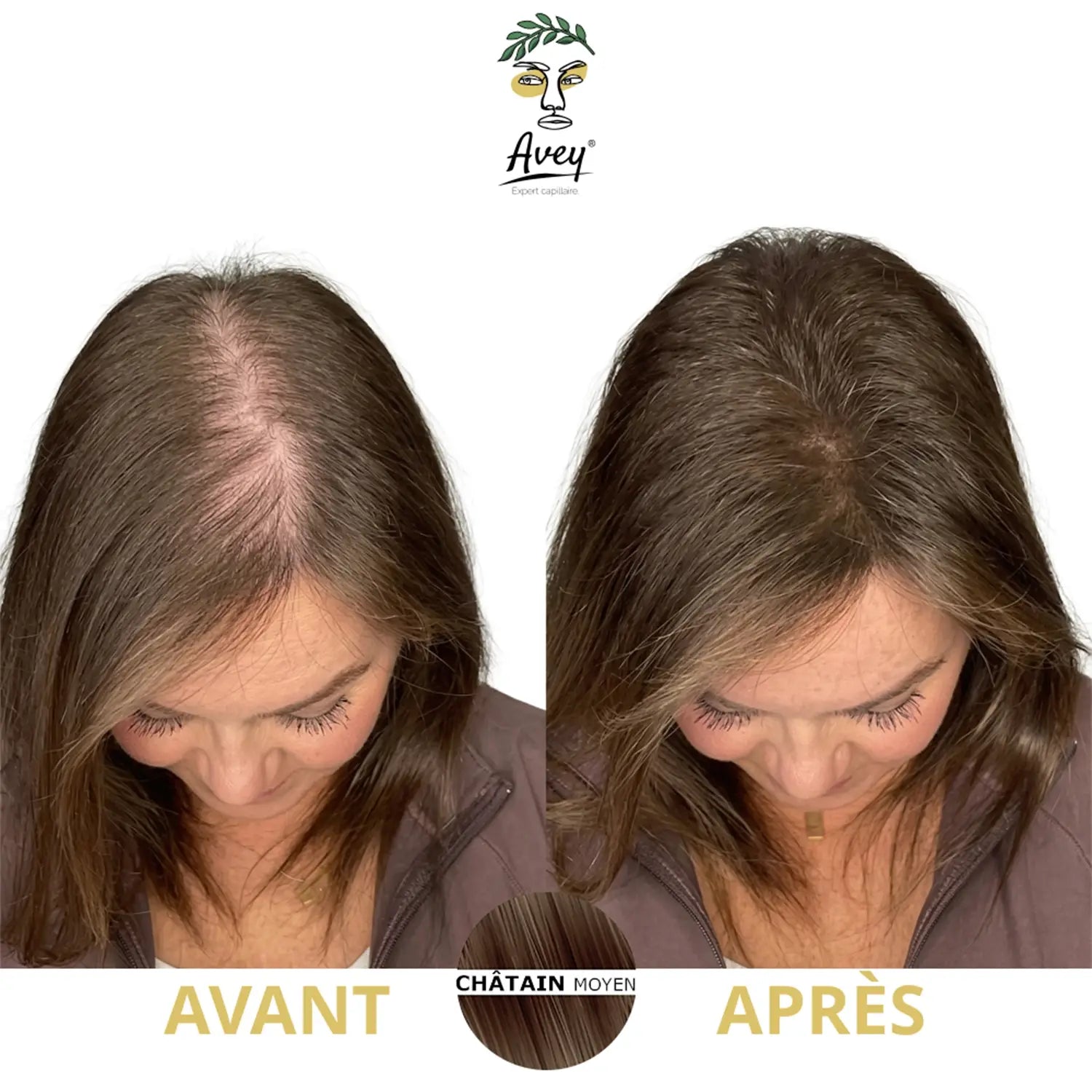 Avant/Après d'une femme qui a appliqué de la poudre densifiante pour cheveux châtains sur sa raie clairsemée.