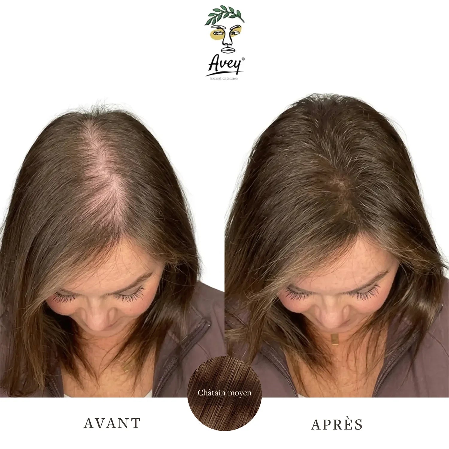 Avant/Après d’une femme qui a appliqué de la poudre densifiante pour cheveux châtains sur sa raie clairsemée.