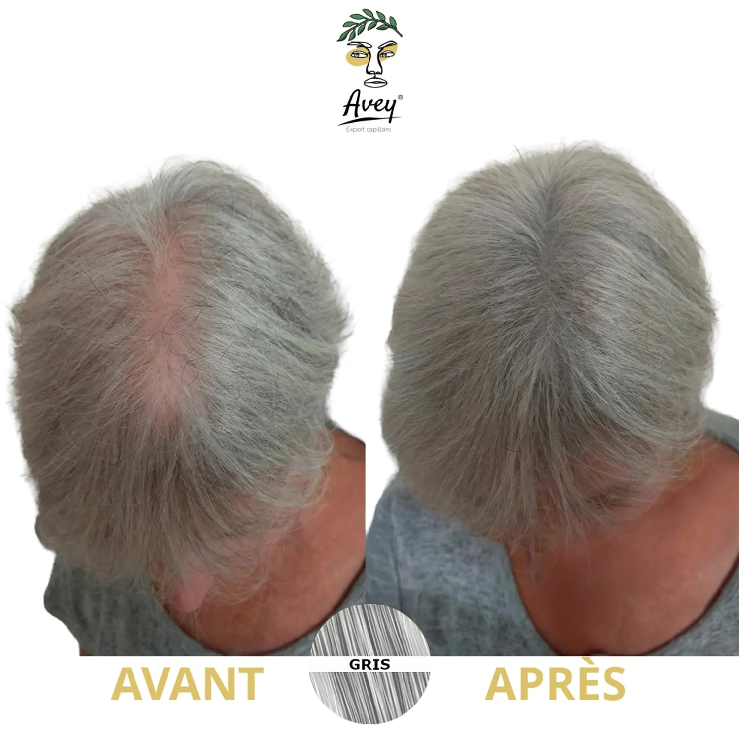 Avant/Après d'une femme qui a appliqué de la poudre densifiante pour cheveux gris sur sa raie clairsemée.