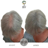 Avant/Après d’une femme qui a appliqué de la poudre densifiante pour cheveux gris sur sa raie clairsemée.