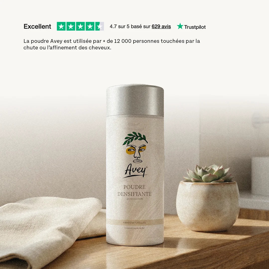 La marque et les produits Avey sont notés 4,7 sur Trustpilot, sur la base de plus de 600 avis. La poudre densifiante Avey est utilisées par plus de 12 000 personnes.