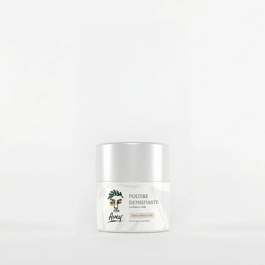 Flacon au format découverte de poudre densifiante cheveux Avey. Produit à base de fibres naturelles de coton.