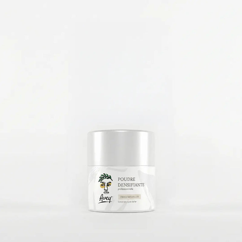 Flacon au format découverte de poudre densifiante cheveux Avey. Produit à base de fibres naturelles de coton.