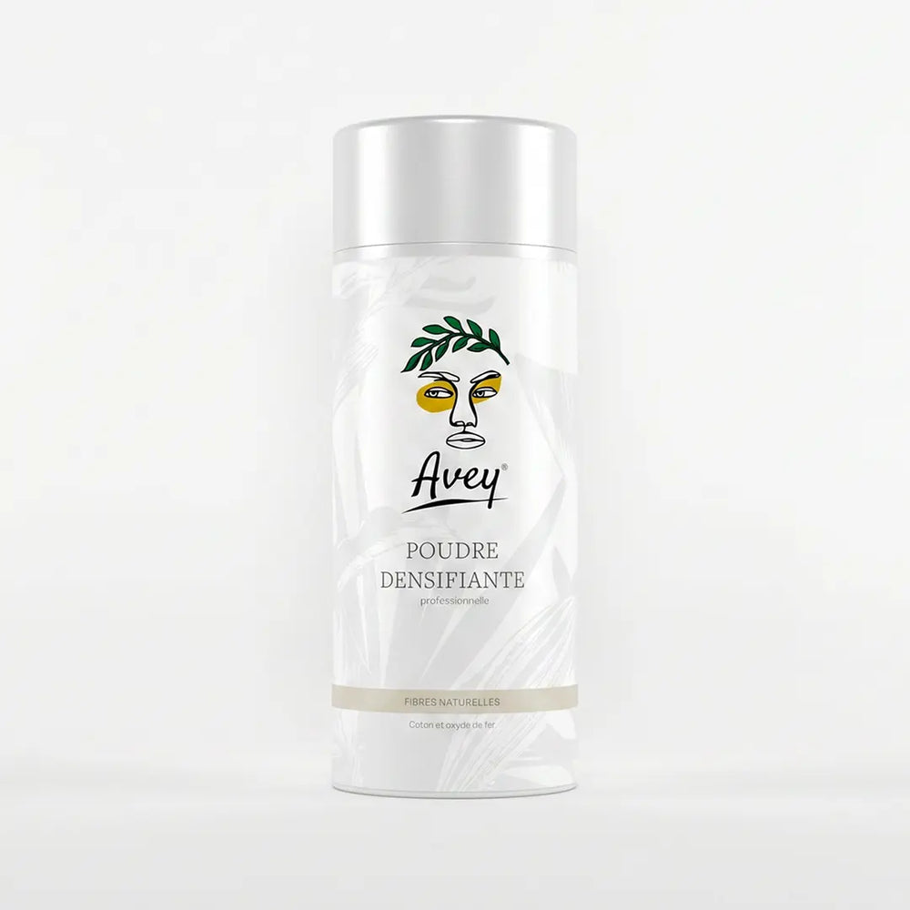 Flacon de poudre densifiante cheveux Avey. Produit à base de fibres naturelles de coton.