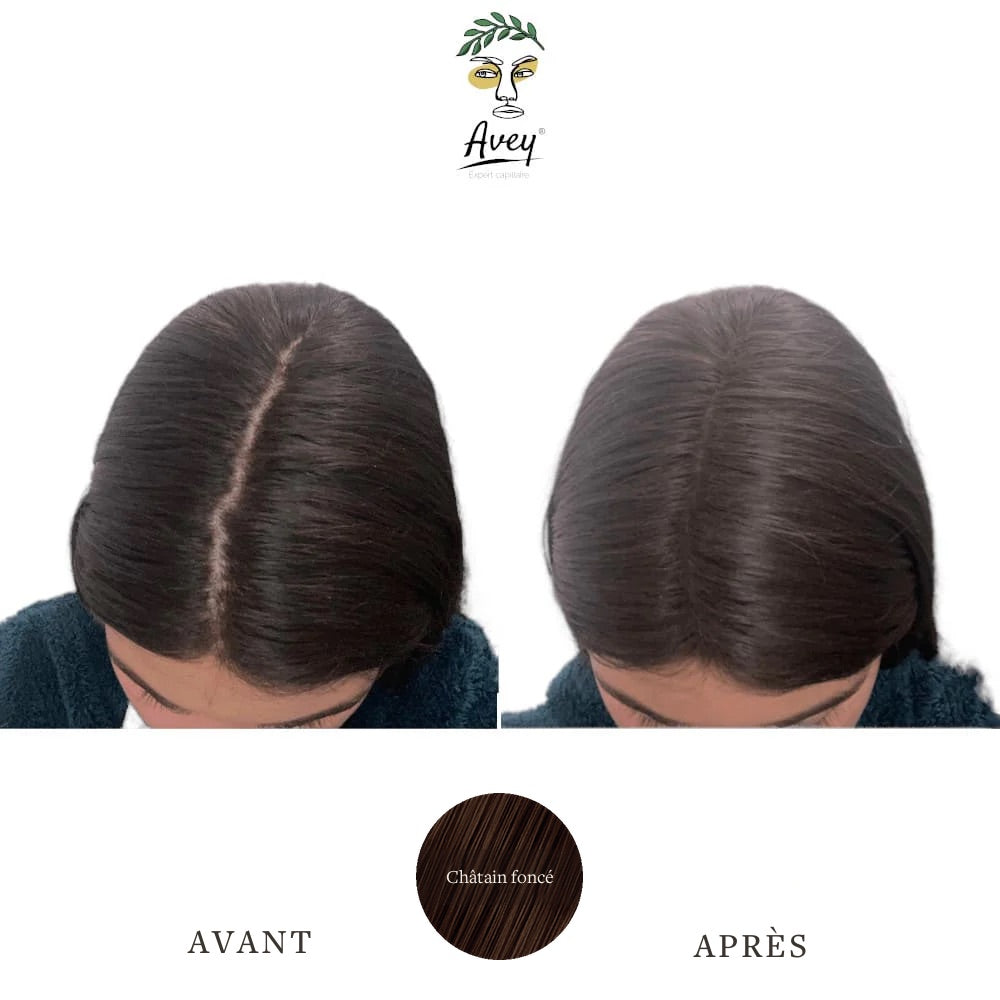 Poudre densifiante cheveux chatain femme avant apres Avey