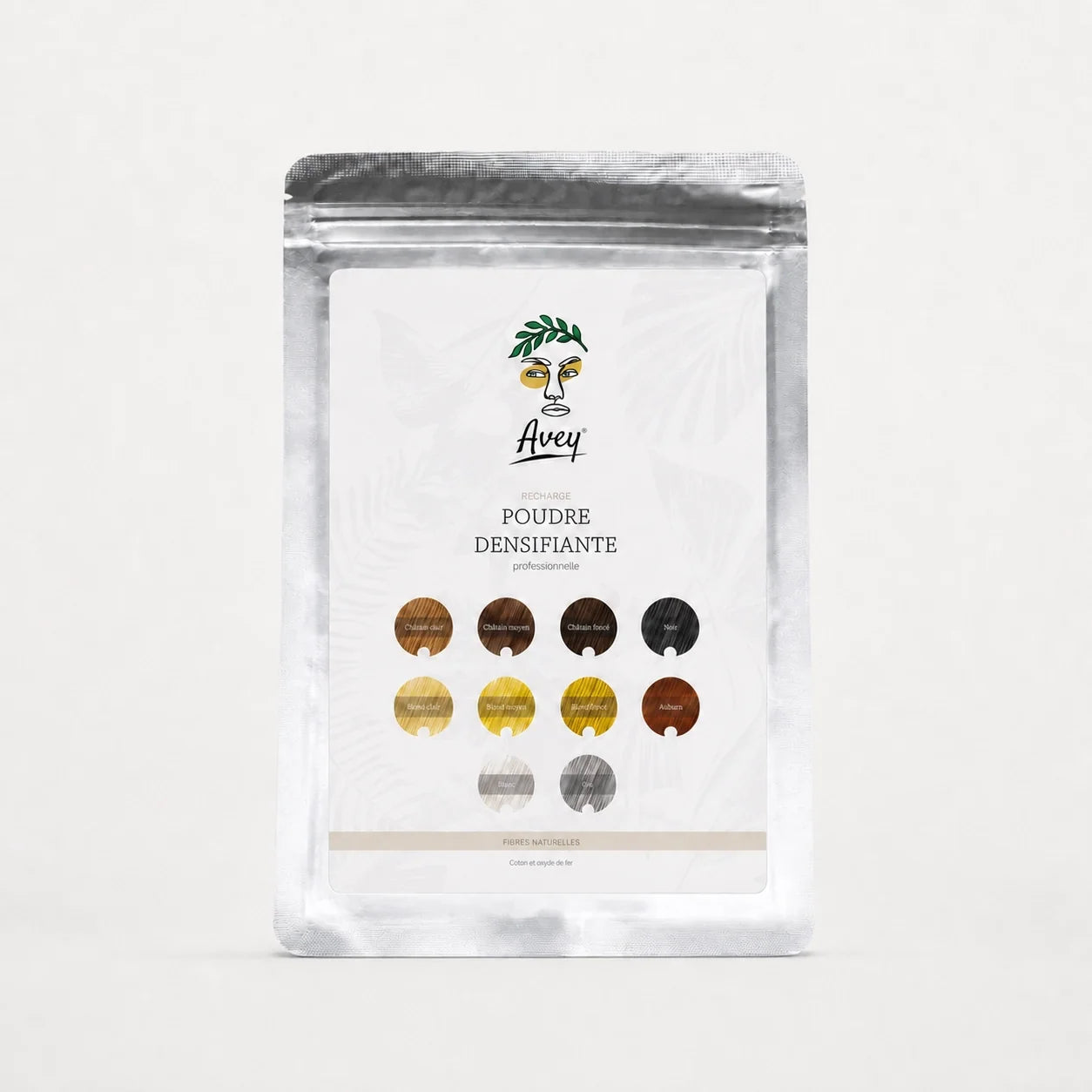 Recharge de poudre densifiante cheveux Avey en sachet économique, disponible en 10 teintes