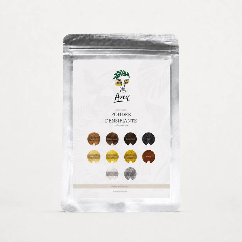 Recharge de poudre densifiante cheveux Avey en sachet économique, disponible en 10 teintes