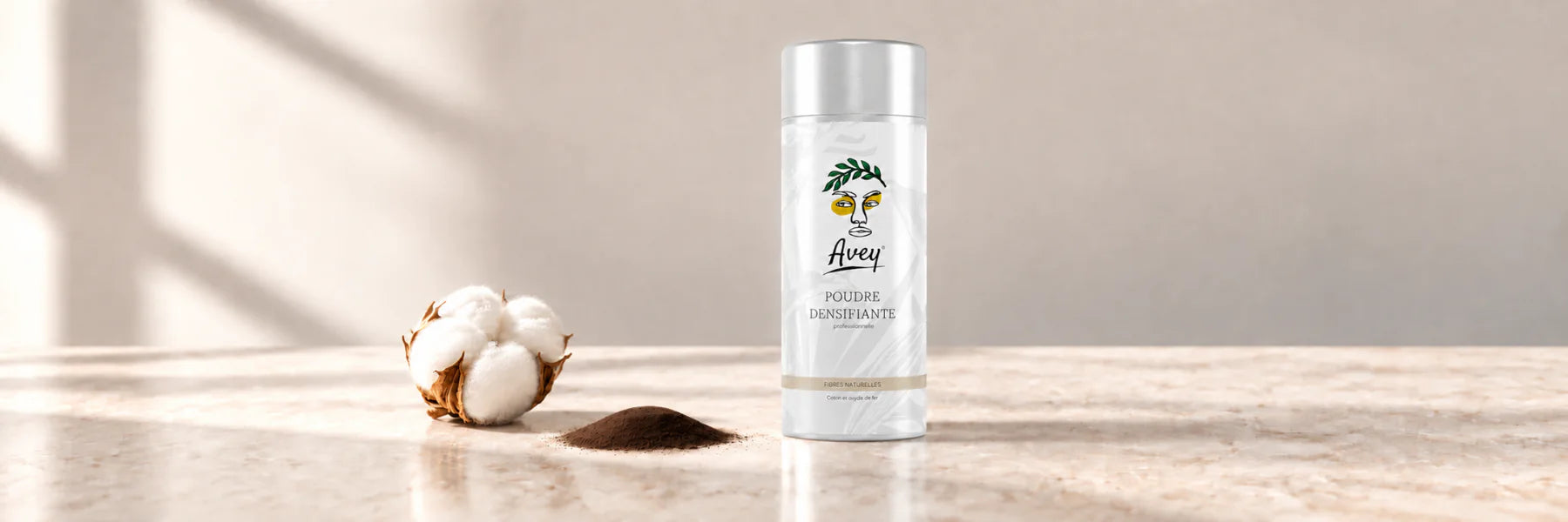 Fleur de coton, poudre densifiante Châtain foncé et flacon Avey prêt à l’emploi